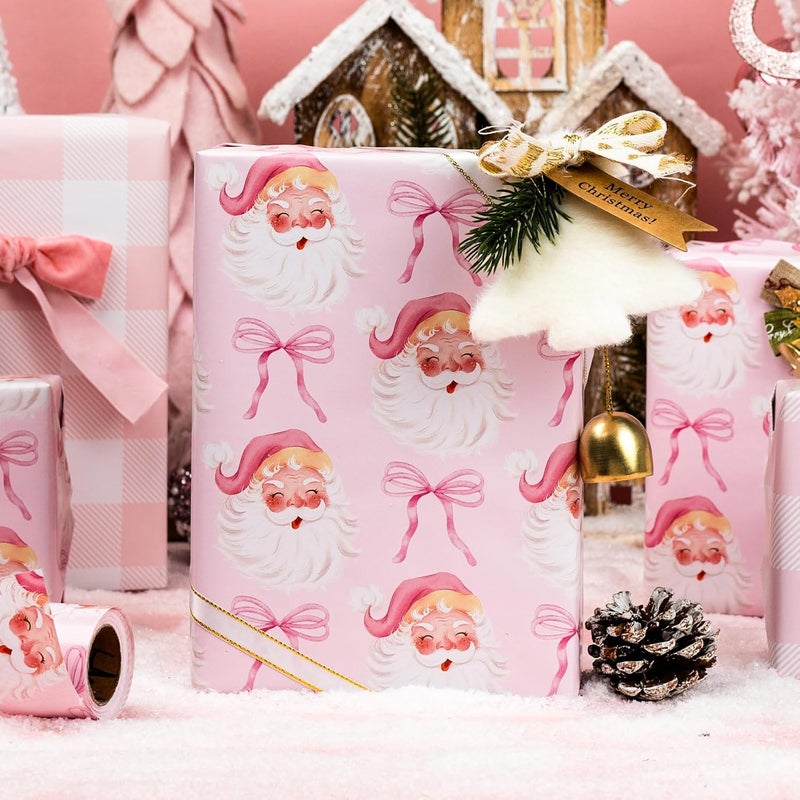 MAYPLUSS Christmas Wrapping Paper Roll - 17 Inch X 33 Feet - Pink Cute Bow Santa Claus Reversible Plaid Gift Wrapping Paper, Thick Wrap Paper for Holiday Party New Year Kids - Image 3